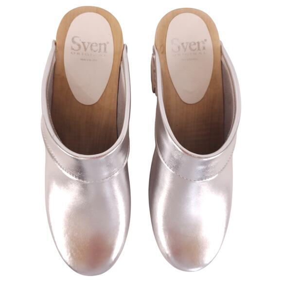 Sven Original Wide Collar Clogs High Heel Silver Metallic Leather Sz 40 EU - Picture 2 of 11